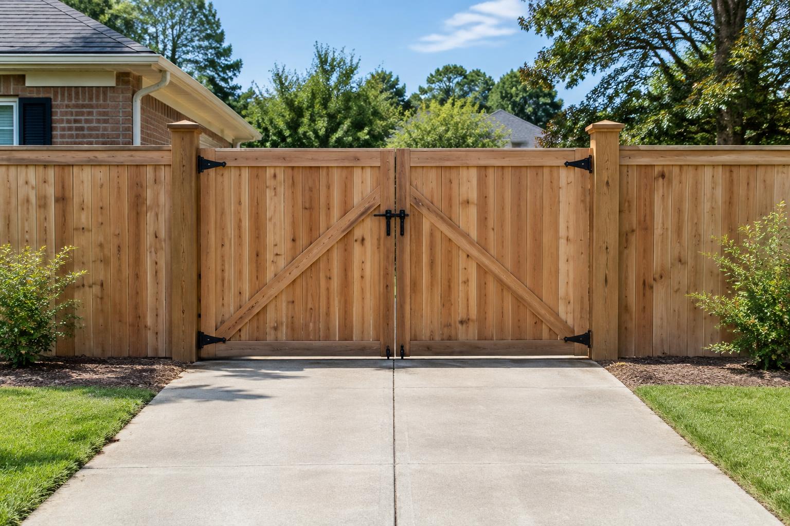Illustrative wood privacy fence with a matching double gate