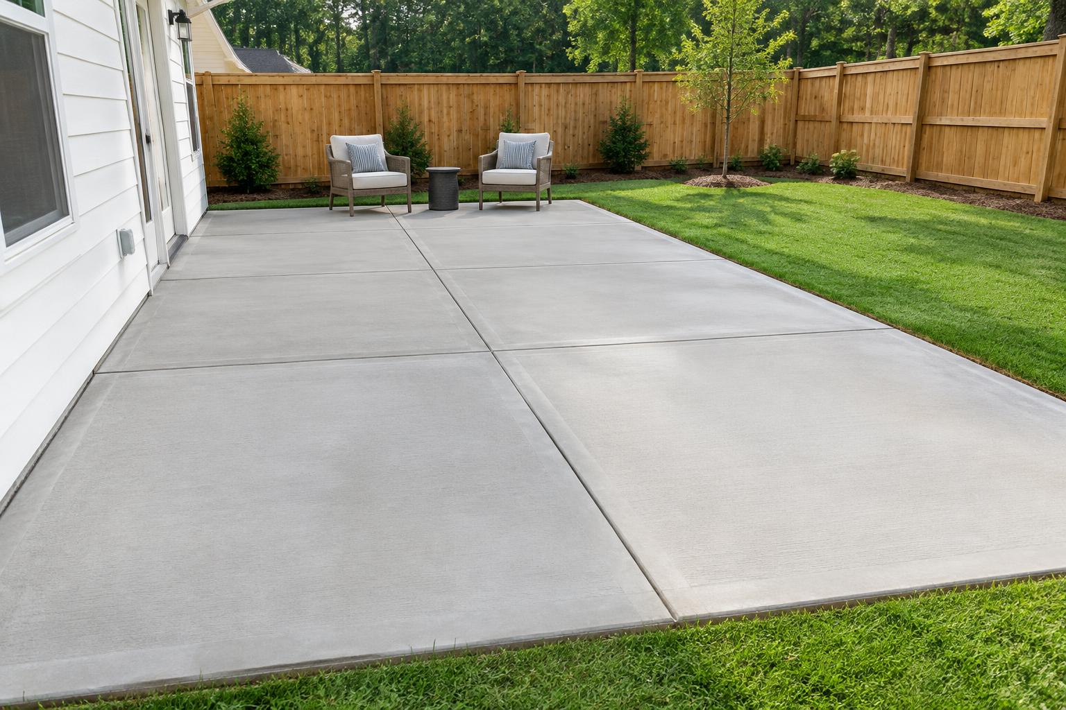 Illustrative residential concrete patio in a fenced backyard